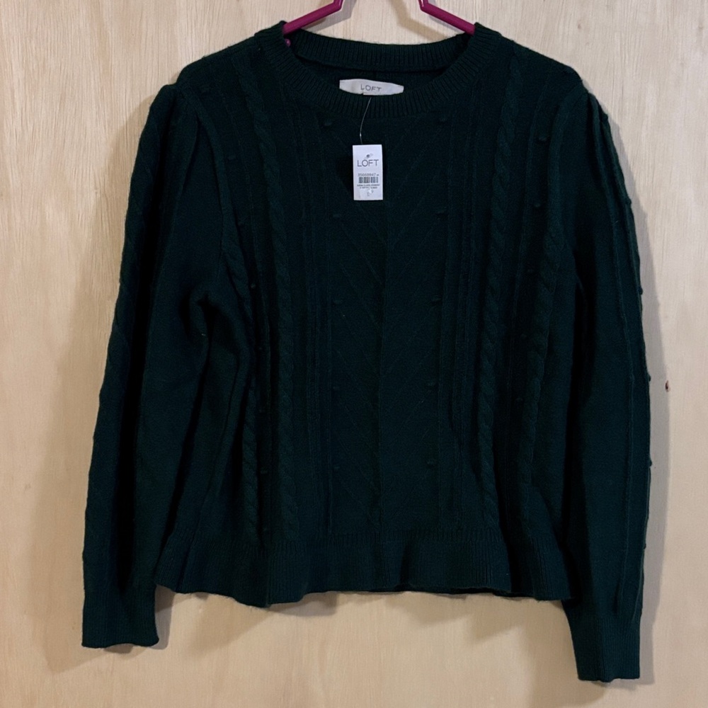 NWT LOFT Dark Green Cable Knit Sweater. Large